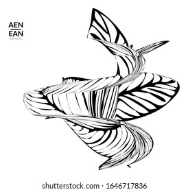 Forma abstracta con rayas. Fondo de arte óptico. Flor o hoja tropical abstracta rayada en blanco y negro. Ilustración vectorial botánica aislada. Diseño floral.