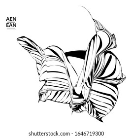 Abstract striped shape. Optical art background. Black and white striped abstract tropical flower or leaf. Botanical vector illustration isolated. Floral design.