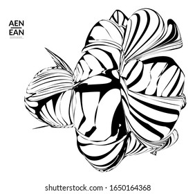 Forma abstracta con rayas. Fondo de arte óptico. Flor o hoja tropical abstracta rayada en blanco y negro. Ilustración vectorial botánica aislada. Diseño floral.