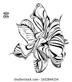 Abstract striped shape. Optical art background. Black and white striped abstract tropical flower or leaf. Botanical vector illustration isolated. Floral design.