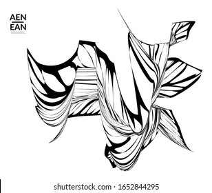 Abstract striped shape. Optical art background. Black and white striped abstract tropical flower or leaf. Botanical vector illustration isolated. Floral design.