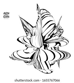 Abstract striped shape. Optical art background. Black and white striped abstract tropical flower or leaf. Botanical vector illustration isolated. Floral design.