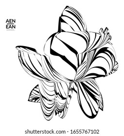 Abstract striped shape. Optical art background. Black and white striped abstract tropical flower or leaf. Botanical vector illustration isolated. Floral design.