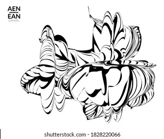 Abstract striped shape. Optical art background. Black and white striped abstract tropical flower or leaf. Botanical vector illustration isolated. Floral design.