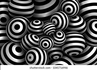 Abstract striped spheres background. Black and white Vector illustration.