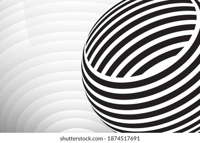 Abstract striped spheres background. Black and white Vector illustration. Minimal design,gradients, ball shapes. Style of optical illusions- Op art. Black and white background. Vector illustration.