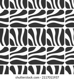 Abstract striped squares seamless vector pattern. Wavy stripes pattern. Repeating geometric shapes ornament. Simple black and white geometric background.