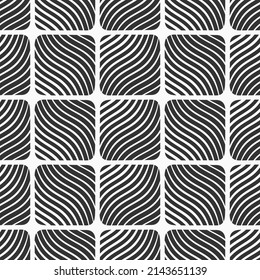 Abstract striped squares seamless vector pattern. Repeating geometric shapes ornament. Wavy lines. Simple black and white geometric background.
