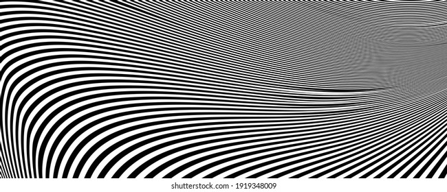 Superficie rayada abstracta, fondo 3d de la onda de línea blanca y negra. Colección de patrones. Texturas geométricas vectoriales con líneas onduladas, rayas. Fondo abstracto mínimo