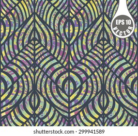 Abstract striped textured geometric seamless pattern. Yellow green and violet spots. Vector illustration.