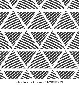 Abstract striped triangles seamless vector pattern. Repeating geometric shapes ornament. Stripes of different thicknesses. Black and white geometric background.