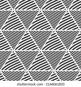 Abstrakte gestreifte Dreiecke nahtlose Vektormuster. Verzierung geometrischer Formen. Schwarz-weißer geometrischer Hintergrund.