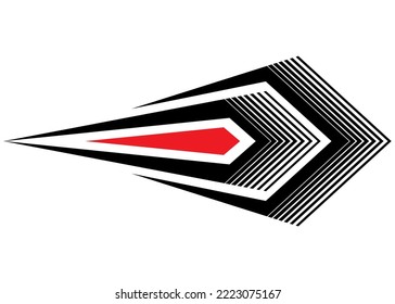Abstrakter, gestreifter Vektorpfeil für einen Sportwagen, Moto, Boot, Yacht. Muster für Sportbekleidung, Spielzeug, Wandkunst. Aufkleber für Fahrzeuge. Trendy, Vektorhintergrund.