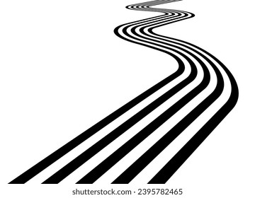 Abstract striped vector pattern of curved parallel black lines on a white background in retro style. Road. Modern design element. Vector background.