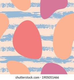 Abstract striped vector pattern with scribble shapes in doodle contemporary style in pastel trendy colors as a template for backgrounds, web banners or flyers and textile. Seamless texture.
