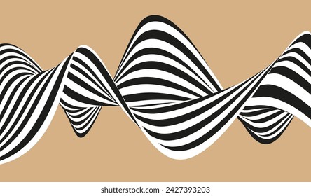Fondo de onda de rayas abstractas, girando líneas blancas y negras sobre un fondo beige
