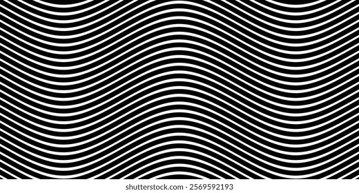 Abstract striped wave design. Black amplitude lines on white background. Black and white striped background with curving effect by lines. vector illustration