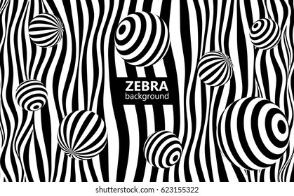 Abstract striped wavy background. Black and white curved lines with spheres. Vector illustration.