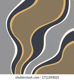 Abstract striped wavy lines background. Brown, beige colors. Smooth geometric shapes composition. Applicable for covers, placards, posters, brochures, flyers, banner designs. Vector illustration.