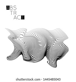 Abstract striped wavy shape. Optical art background. 3D marble texture. Black and white striped pattern. Futuristic vector illustration isolated.