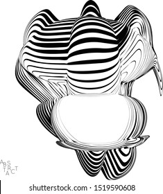 Abstract striped wavy shape. Optical art background. 3D marble texture. Black and white striped pattern. Futuristic vector illustration isolated.