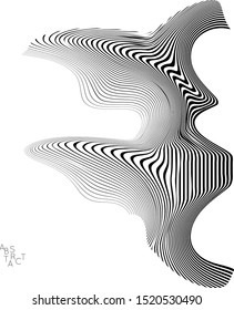 Abstract striped wavy shape. Optical art background. 3D marble texture. Black and white striped pattern. Futuristic vector illustration isolated.