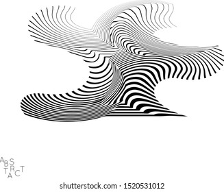 Abstract striped wavy shape. Optical art background. 3D marble texture. Black and white striped pattern. Futuristic vector illustration isolated.