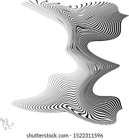 Abstract striped wavy shape. Optical art background. 3D marble texture. Black and white striped pattern. Futuristic vector illustration isolated.