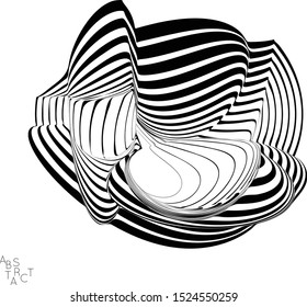Abstract striped wavy shape. Optical art background. 3D marble texture. Black and white striped pattern. Futuristic vector illustration isolated.