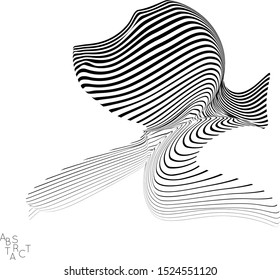 Abstract striped wavy shape. Optical art background. 3D marble texture. Black and white striped pattern. Futuristic vector illustration isolated.