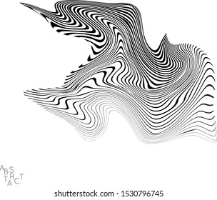 Abstract striped wavy shape. Optical art background. 3D marble texture. Black and white striped pattern. Futuristic vector illustration isolated.