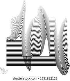 Abstract striped wavy shape. Optical art background. 3D marble texture. Black and white striped pattern. Futuristic vector illustration isolated.
