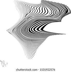 Abstract striped wavy shape. Optical art background. 3D marble texture. Black and white striped pattern. Futuristic vector illustration isolated.