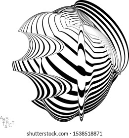 Abstract striped wavy shape. Optical art background. 3D marble texture. Black and white striped pattern. Futuristic vector illustration isolated.
