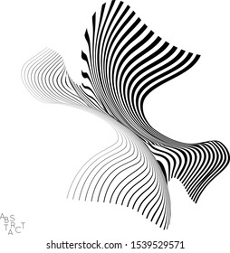 Abstract striped wavy shape. Optical art background. 3D marble texture. Black and white striped pattern. Futuristic vector illustration isolated.