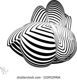 Abstract striped wavy shape. Optical art background. 3D marble texture. Black and white striped pattern. Futuristic vector illustration isolated.