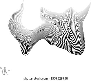 Abstract striped wavy shape. Optical art background. 3D marble texture. Black and white striped pattern. Futuristic vector illustration isolated.