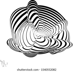 Abstract striped wavy shape. Optical art background. 3D marble texture. Black and white striped pattern. Futuristic vector illustration isolated.