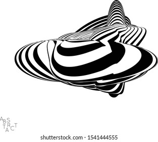 Abstract striped wavy shape. Optical art background. 3D marble texture. Black and white striped pattern. Futuristic vector illustration isolated.