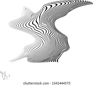Abstract striped wavy shape. Optical art background. 3D marble texture. Black and white striped pattern. Futuristic vector illustration isolated.
