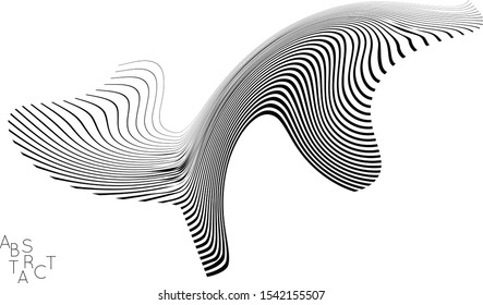 Abstract striped wavy shape. Optical art background. 3D marble texture. Black and white striped pattern. Futuristic vector illustration isolated.