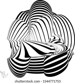 Abstract striped wavy shape. Optical art background. 3D marble texture. Black and white striped pattern. Futuristic vector illustration isolated.