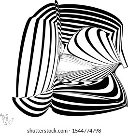 Abstract striped wavy shape. Optical art background. 3D marble texture. Black and white striped pattern. Futuristic vector illustration isolated.