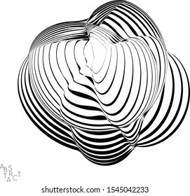 Abstract striped wavy shape. Optical art background. 3D marble texture. Black and white striped pattern. Futuristic vector illustration isolated.
