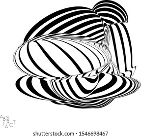 Abstract striped wavy shape. Optical art background. 3D marble texture. Black and white striped pattern. Futuristic vector illustration isolated.