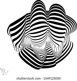 Abstract striped wavy shape. Optical art background. 3D marble texture. Black and white striped pattern. Futuristic vector illustration isolated.