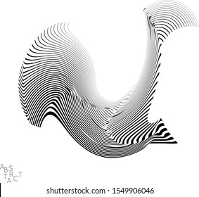 Abstract striped wavy shape. Optical art background. 3D marble texture. Black and white striped pattern. Futuristic vector illustration isolated.