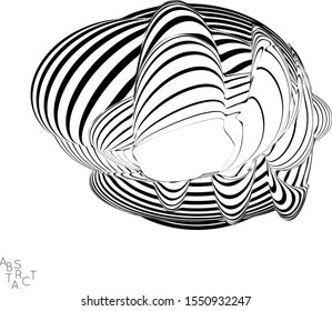 Abstract striped wavy shape. Optical art background. 3D marble texture. Black and white striped pattern. Futuristic vector illustration isolated.