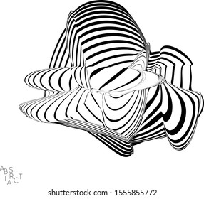 Abstract striped wavy shape. Optical art background. 3D marble texture. Black and white striped pattern. Futuristic vector illustration isolated.