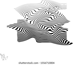 Abstract striped wavy shape. Optical art background. 3D marble texture. Black and white striped pattern. Futuristic vector illustration isolated.